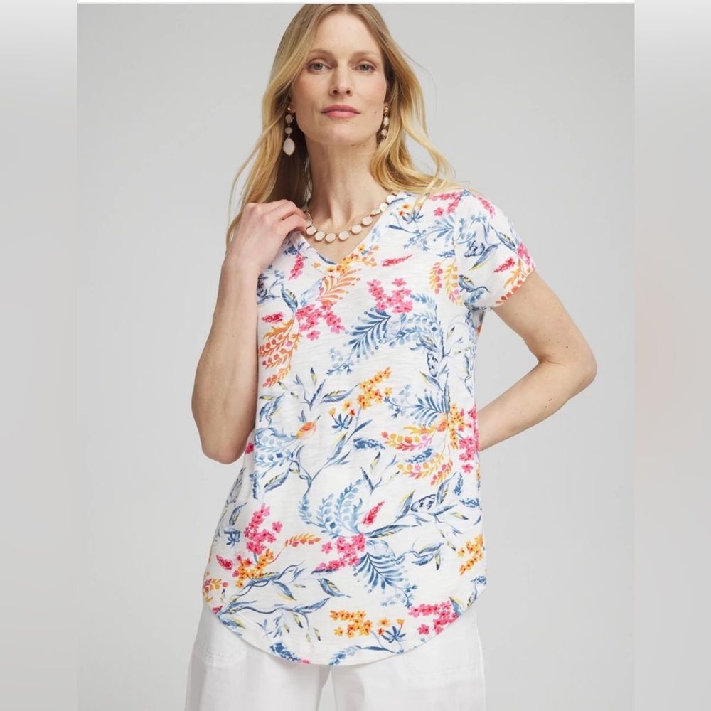 Chico's Floral Cap Sleeve Tee Size 4 US XXL Pullover V Neck Short Sleeve Multi‎